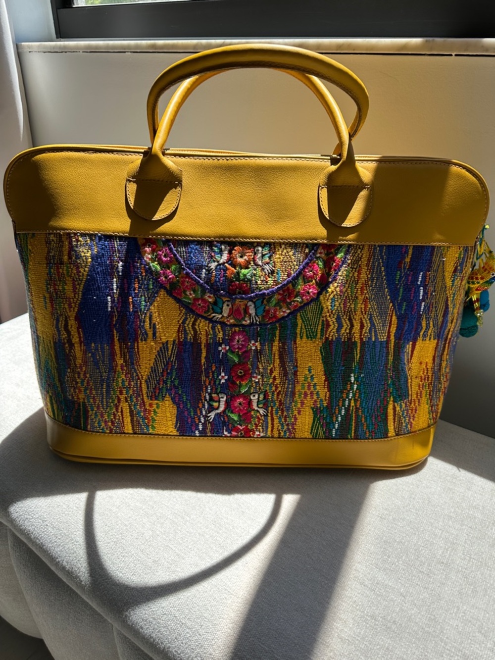 Guatemalan  leather and Embroidered Travel Tote Bag with Multicolor Panel